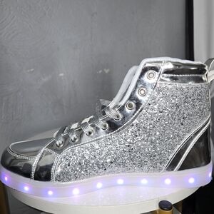 Silver Glitter High-Top Sneakers with LED Lights